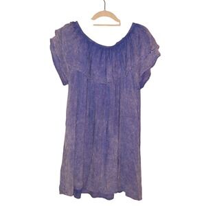 Mittoshop Blue Acid Wash Ruffle Off Shoulder Mini Dress Womens Large Boho Rayon